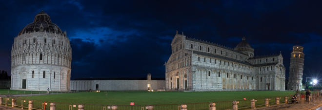 Square of Miracles (Piazza dei Miracoli), a bird's eye view by night, Pisa, Italy